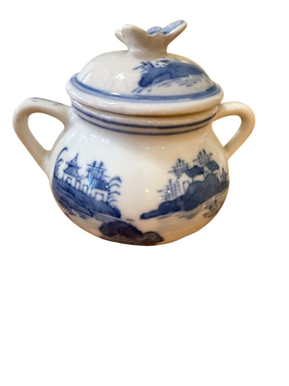 Vintage Canton Chinoiserie Cream & Sugar Set with Butterfly Lid – Blue and White - Picture 11 of 14